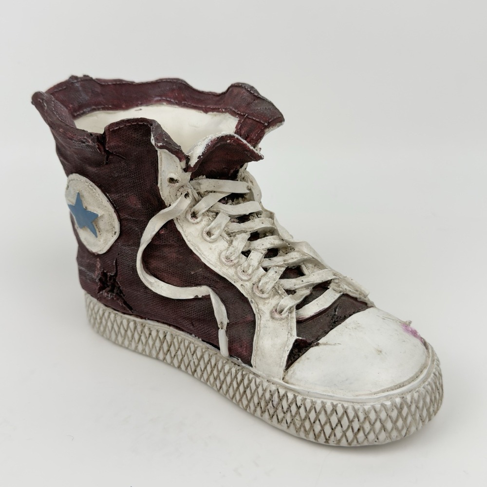 Ceramic High Top Sneaker Shoe Planter 10" Distressed Burgundy Blue Star